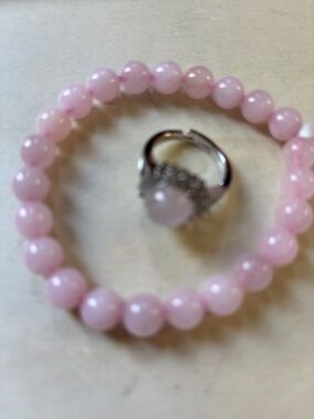 Delicate Pink Rose Quartz Beaded Bracelet Ring Set — Soft Pastel Bracelet